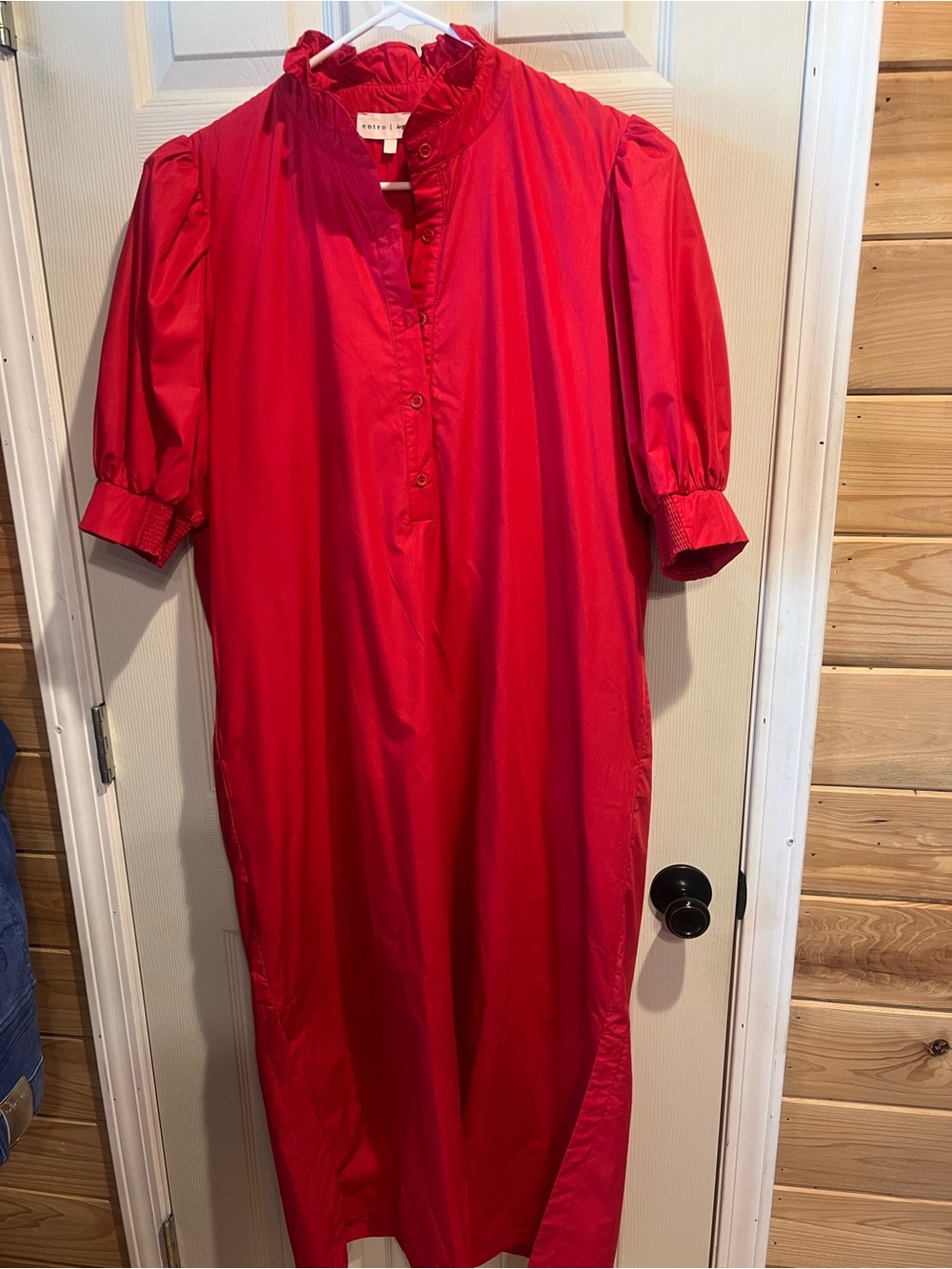 entro Red Puff-Sleeve Midi Dress with Ruffle Collar